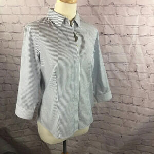 Talbots wrinkle free top blue chambray stripe petite 10